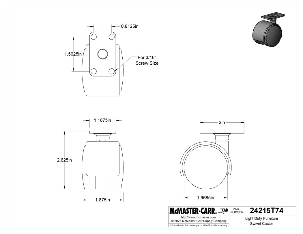 Technical Drawing of Light Duty Furniture Swivel Caster, 2" x 1-7/8" Nylon Wheel, 2" x 1-3/16" Plate.